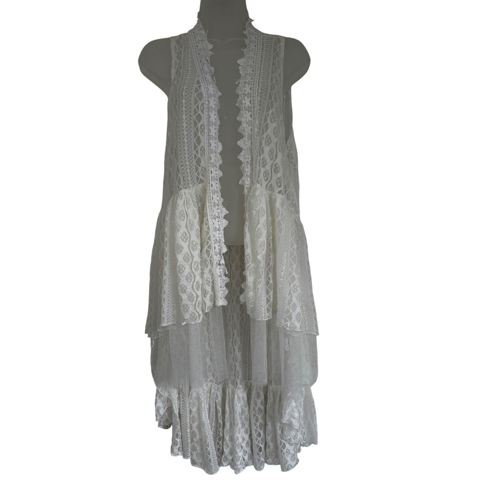 Origami by Vivien White Lace Duster Vest Sleeveless Tiered High Low Boho Small